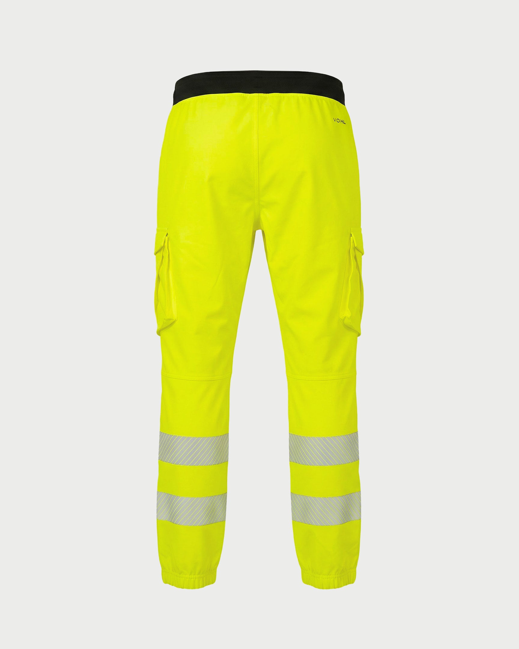 Vohl Hi Vis Jogger Pant – Safety Yellow – SKU HV-JG-105, back view with elastic waistband and reflective lower leg bands | color:safety-yellow