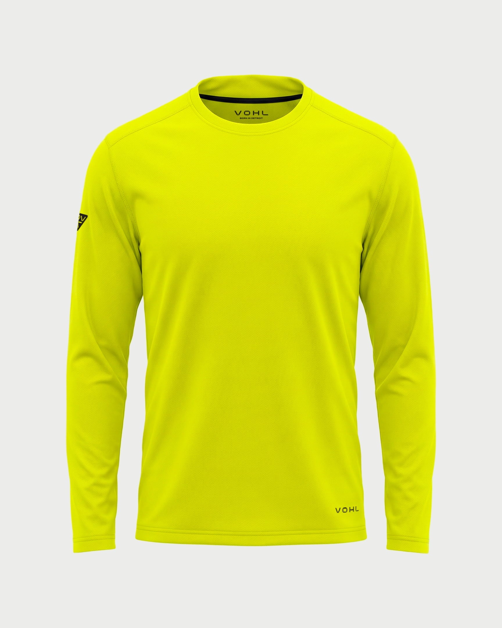 Vohl Hi Vis Long Sleeve T-Shirt – Safety Yellow – SKU HV-LS-100, front view with crew neck and athletic fit | color:safety-yellow