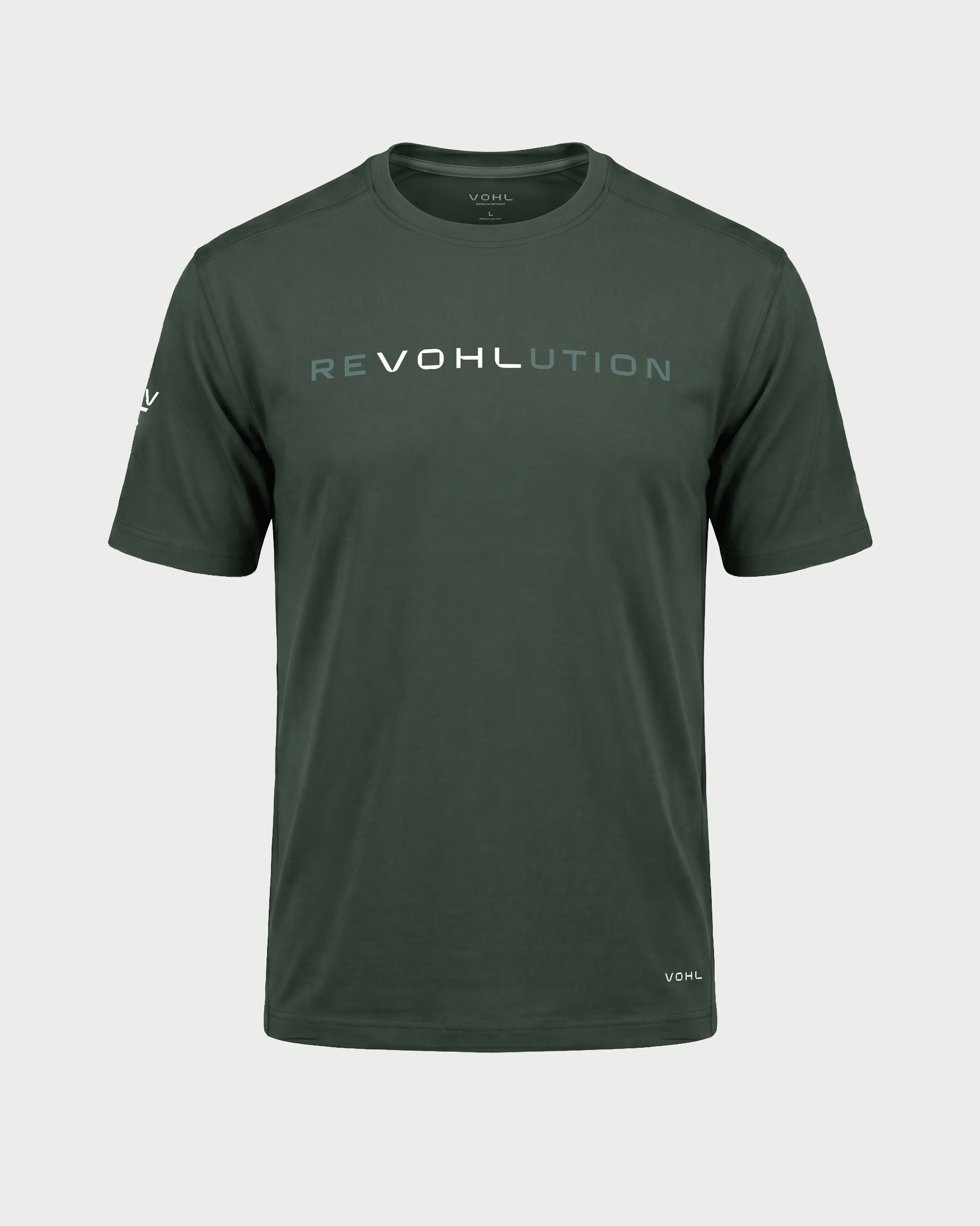 Men’s short sleeve graphic T-shirt in Deep Forest Green with reVOHLution chest print, front view - SKU WW-RT-400 | color:deep-forest-green