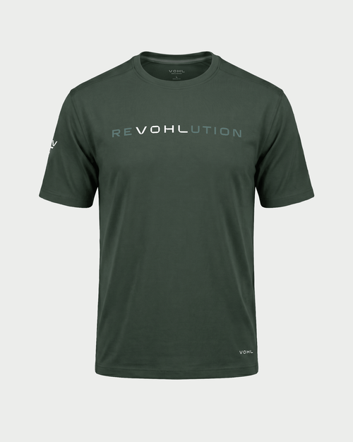Men’s short sleeve graphic T-shirt in Deep Forest Green with reVOHLution chest print, front view - SKU WW-RT-400 | color:deep-forest-green