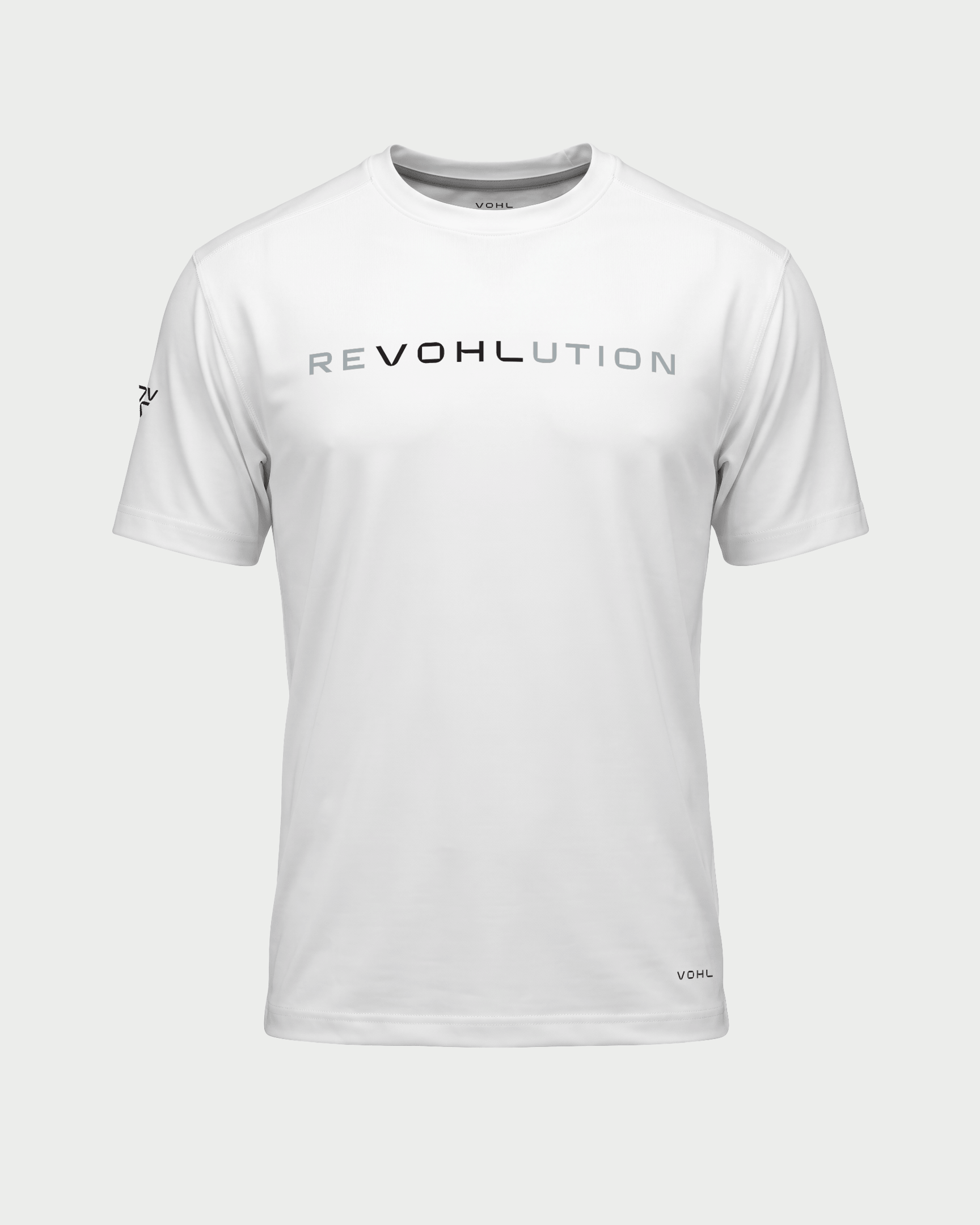 Men’s short sleeve graphic T-shirt in White with reVOHLution chest print, front view – SKU WW-RT-500 | color:white