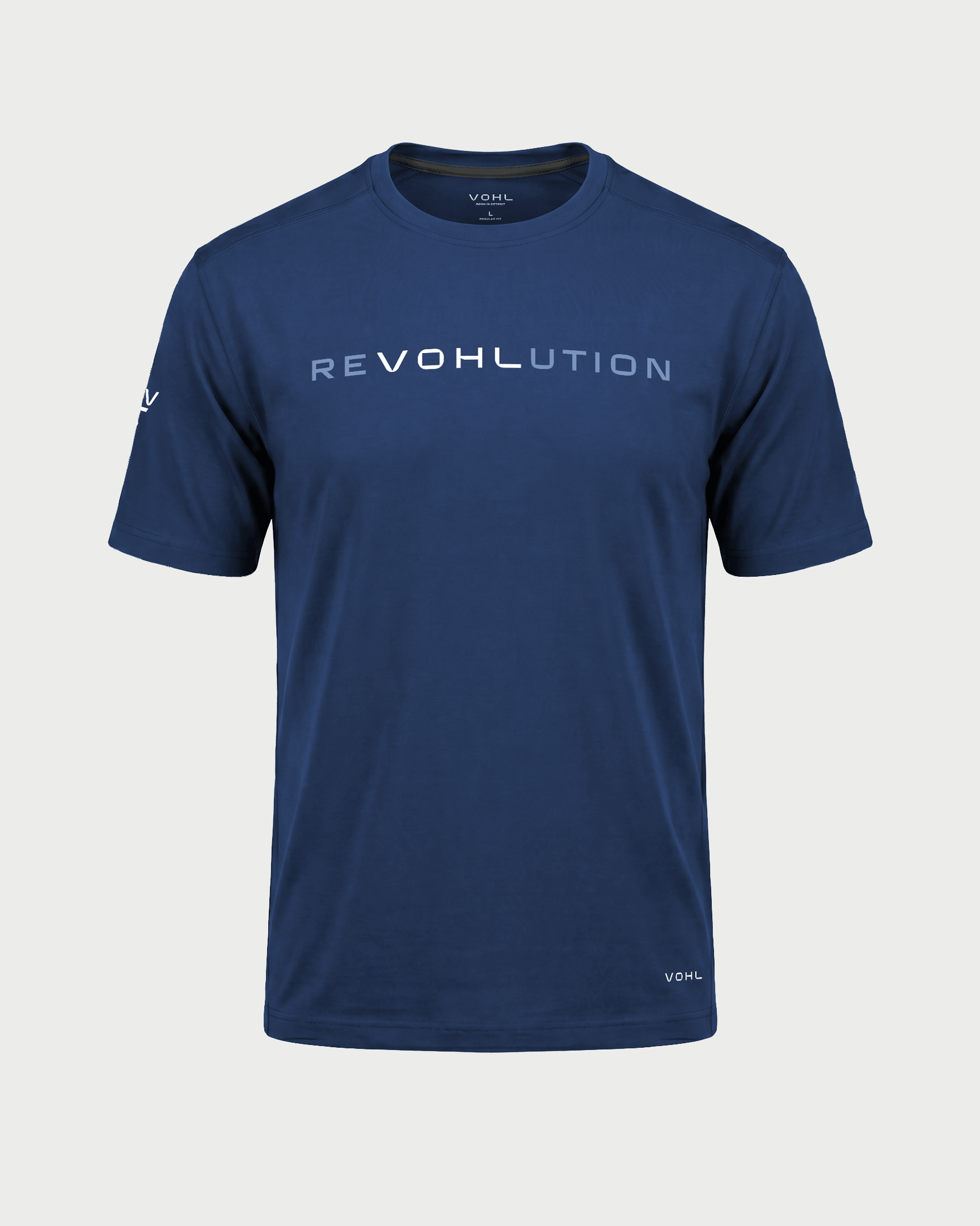 Men’s short sleeve graphic T-shirt in Detroit Blue with reVOHLution chest print, front view – SKU WW-RT-600 | color:detroit-blue