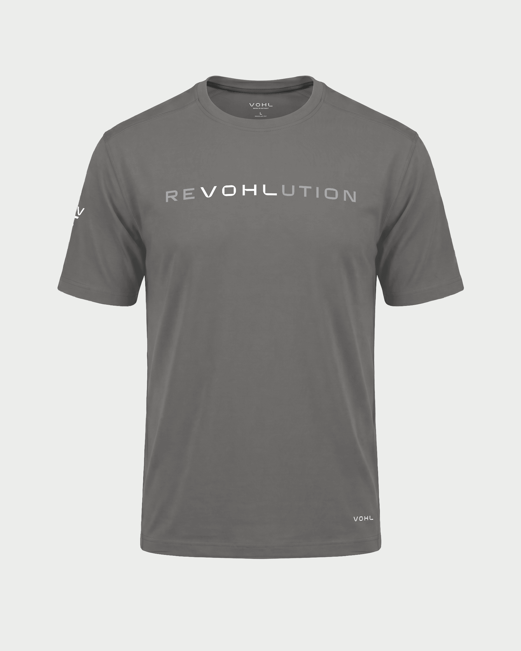 Men’s short sleeve graphic T-shirt in Pewter with reVOHLution chest print, front view – SKU WW-RT-700 | color:pewter