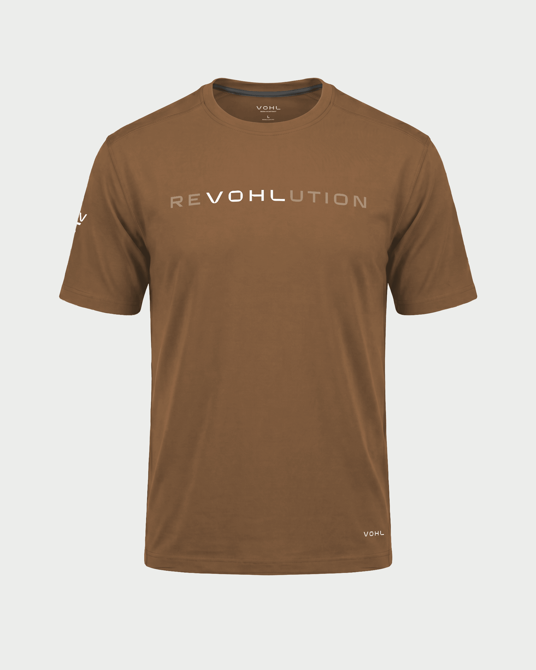 Men’s short sleeve graphic T-shirt in Tobacco with reVOHLution chest print, front view – SKU WW-RT-800 | color:tobacco