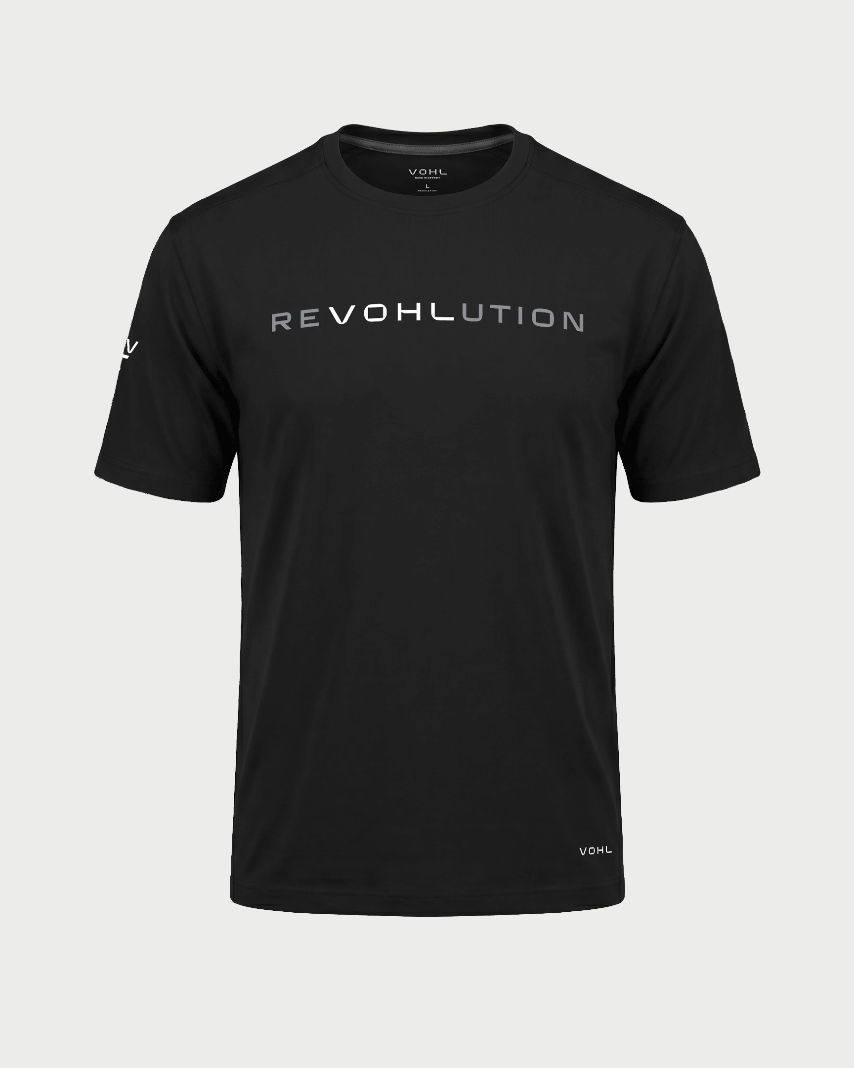 Men’s short sleeve graphic T-shirt in Black with reVOHLution chest print, front view – SKU WW-RT-900 | color:black