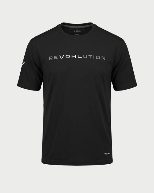 Men’s short sleeve graphic T-shirt in Black with reVOHLution chest print, front view – SKU WW-RT-900 | color:black