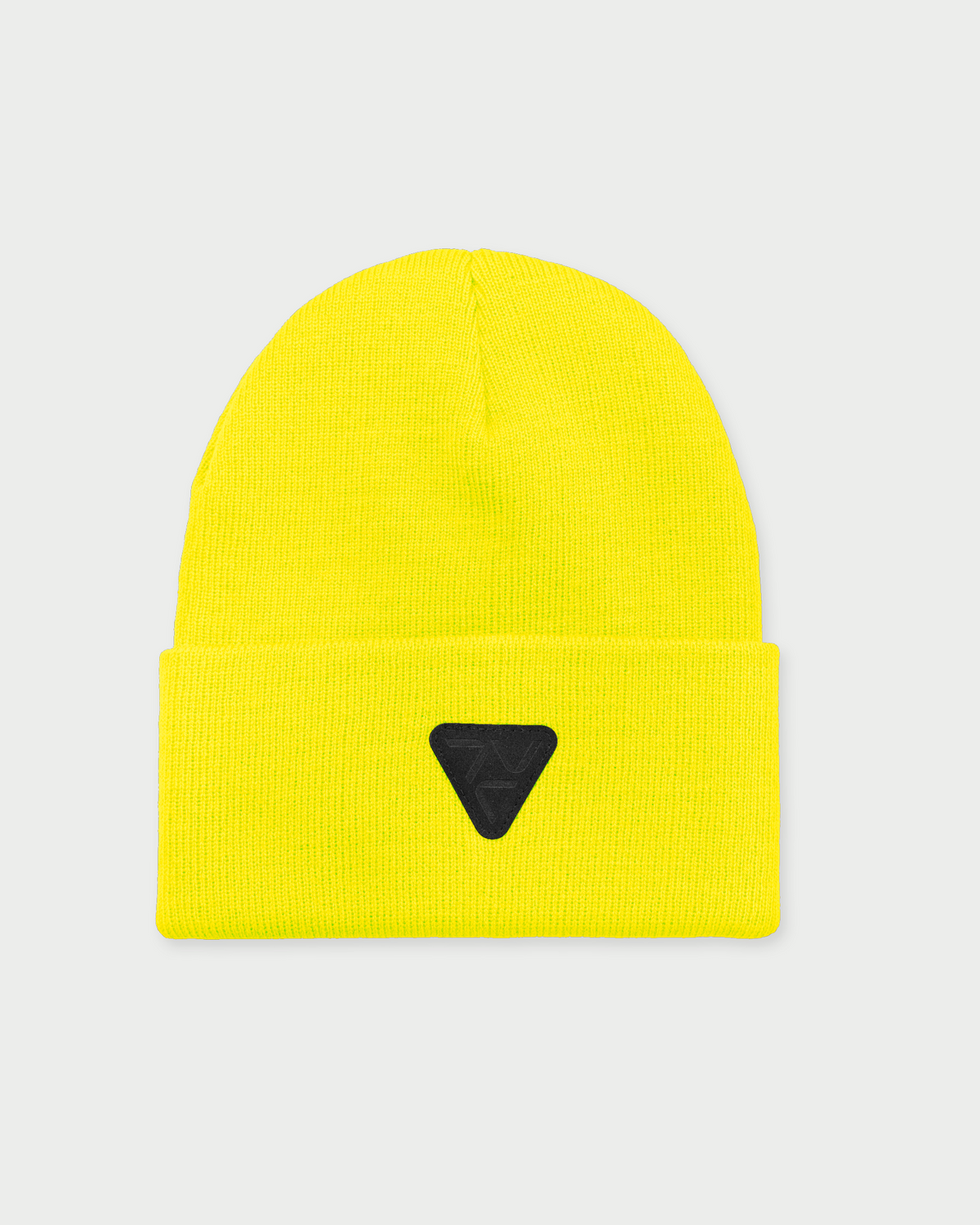 VOHL Beanie in Safety Yellow, front view with black triangular logo patch on folded cuff - SKU AC-BN-100