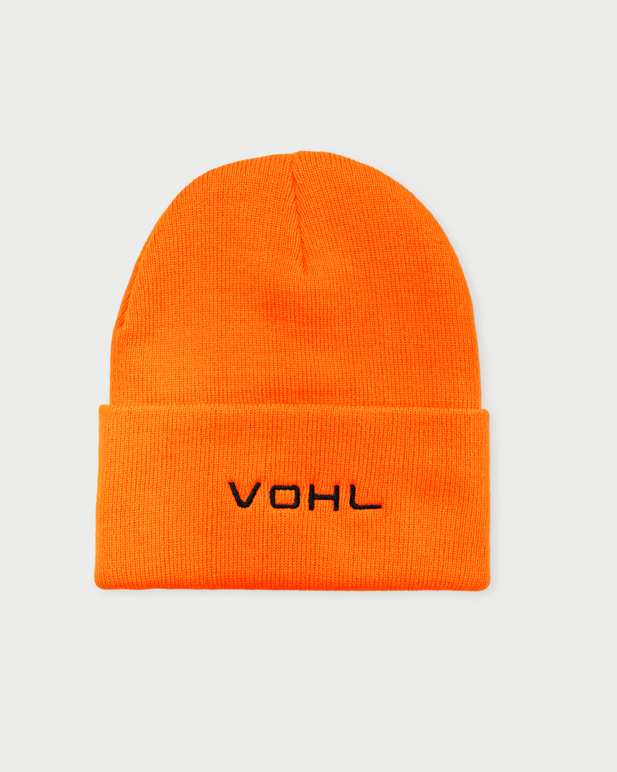 VOHL Beanie in Safety Orange, back view with black embroidered VOHL wordmark - SKU AC-BN-200