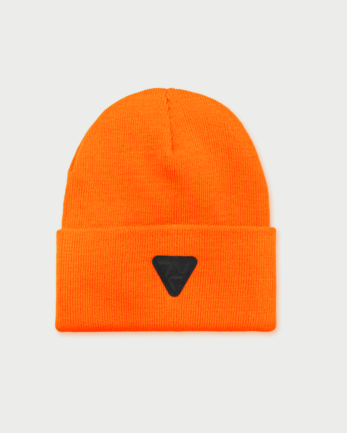 VOHL Beanie in Safety Orange, front view with black triangular logo patch on folded cuff - SKU AC-BN-200