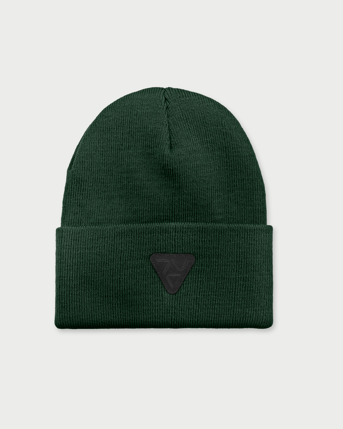 VOHL Beanie in Deep Forest Green, front view with black triangular logo patch on folded cuff - SKU AC-BN-400