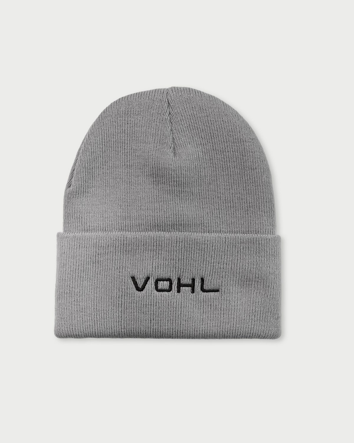 VOHL Beanie in Pewter, back view with black embroidered VOHL wordmark - SKU AC-BN-700