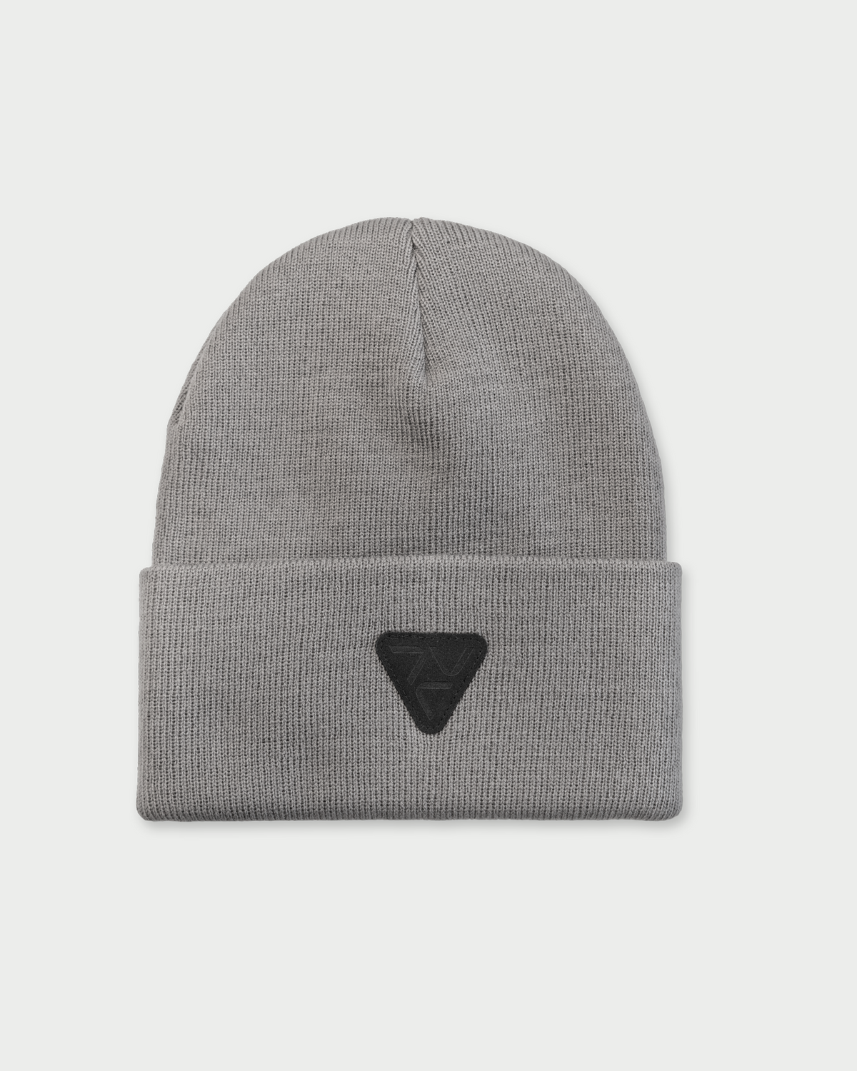 VOHL Beanie in Pewter, front view with black triangular logo patch on folded cuff - SKU AC-BN-700