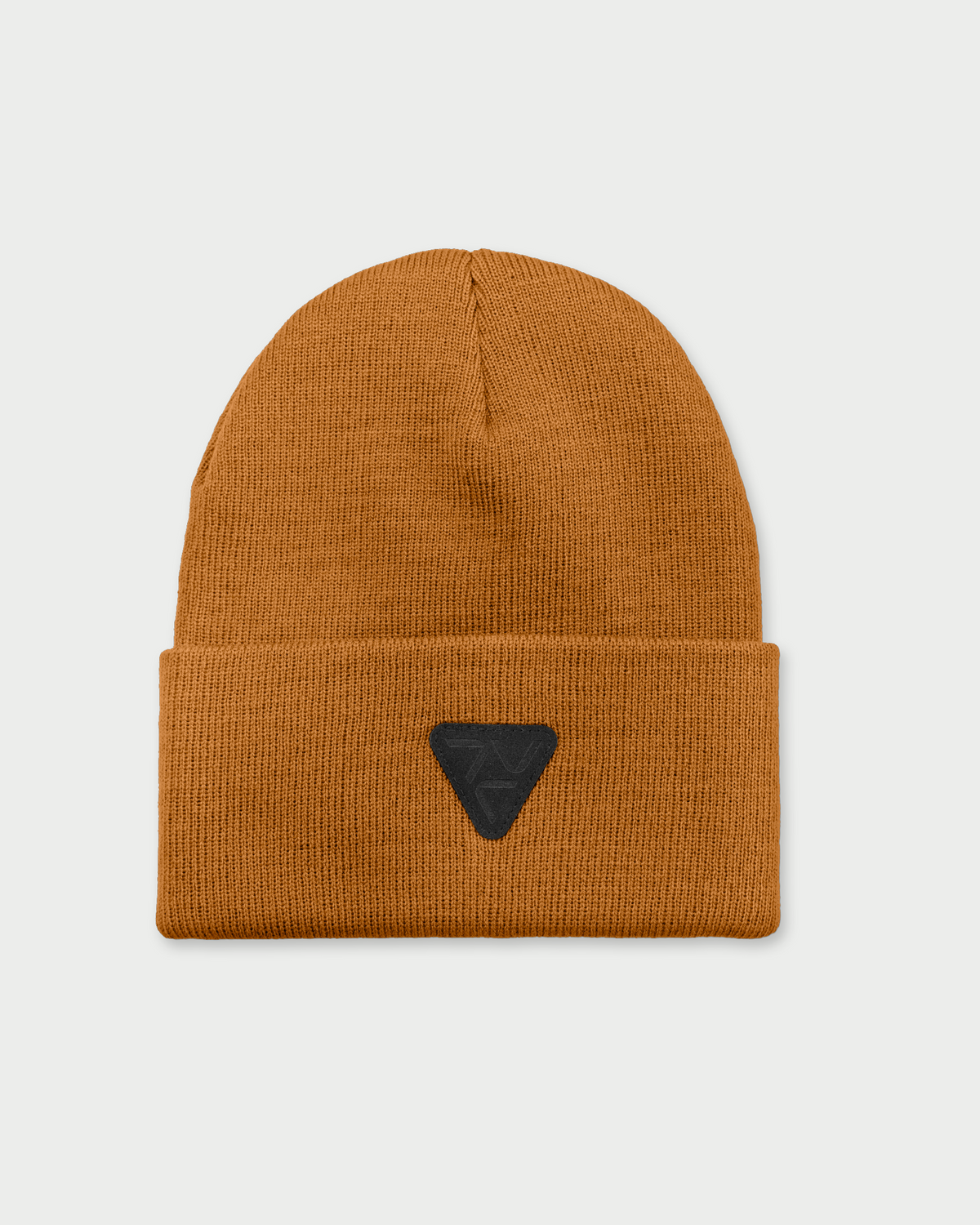 VOHL Beanie in Tobacco, front view with black triangular logo patch on folded cuff - SKU AC-BN-800