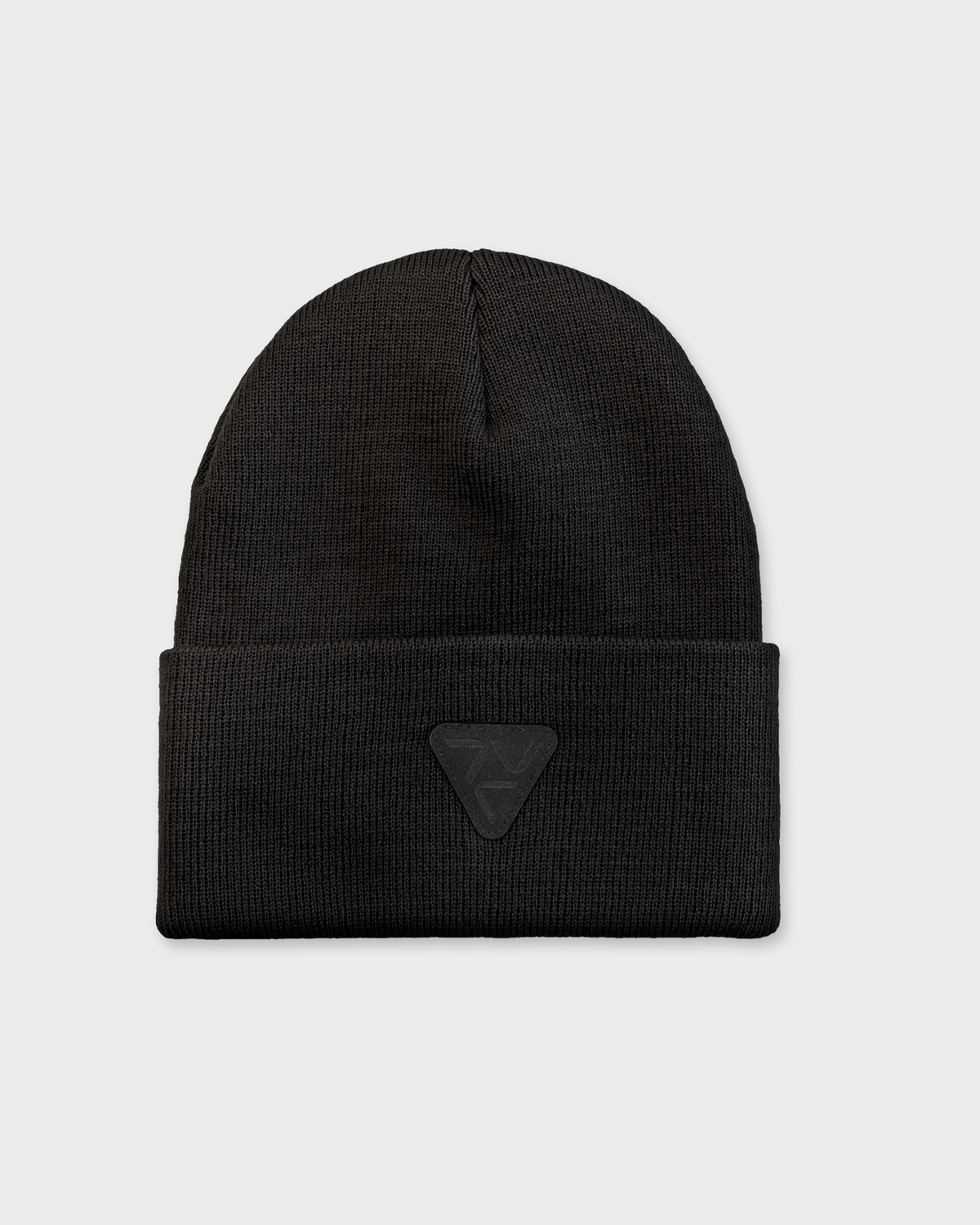 VOHL Beanie in Black, front view with tonal triangular logo patch on folded cuff - SKU AC-BN-900