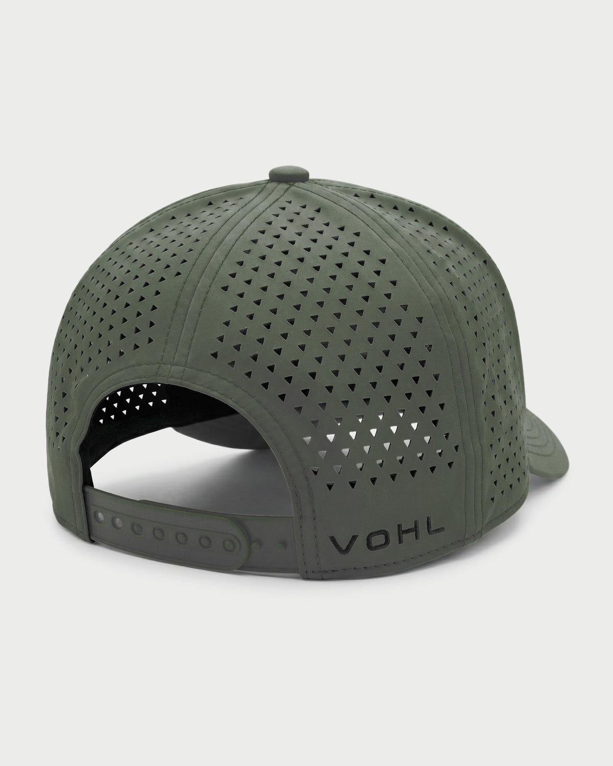 Back-angle view of green Vohl Cap with perforated panels, adjustable snapback and embroidered logo - SKU AC-CP-400