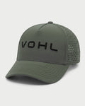 Front-angle view of green Vohl Cap with black embroidered Vohl logo, curved brim and perforated side panels - SKU AC-CP-400 | color:green