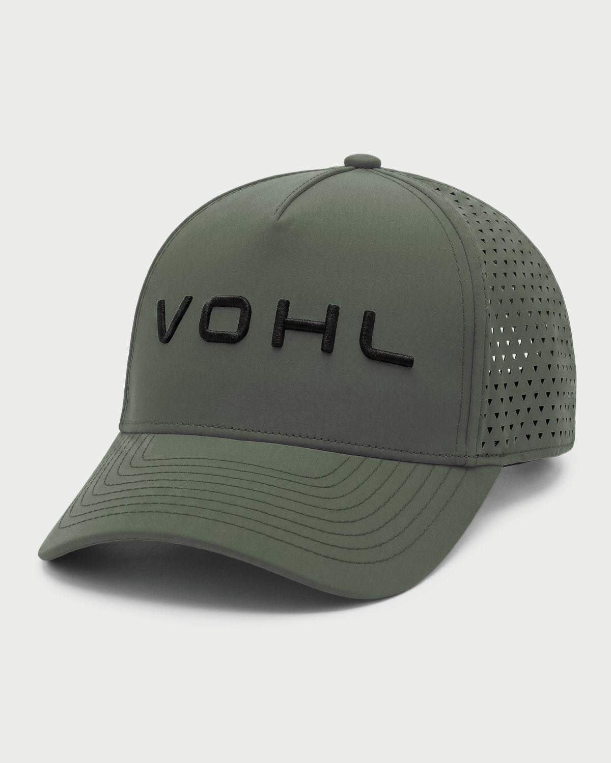 Front-angle view of green Vohl Cap with black embroidered Vohl logo, curved brim and perforated side panels - SKU AC-CP-400