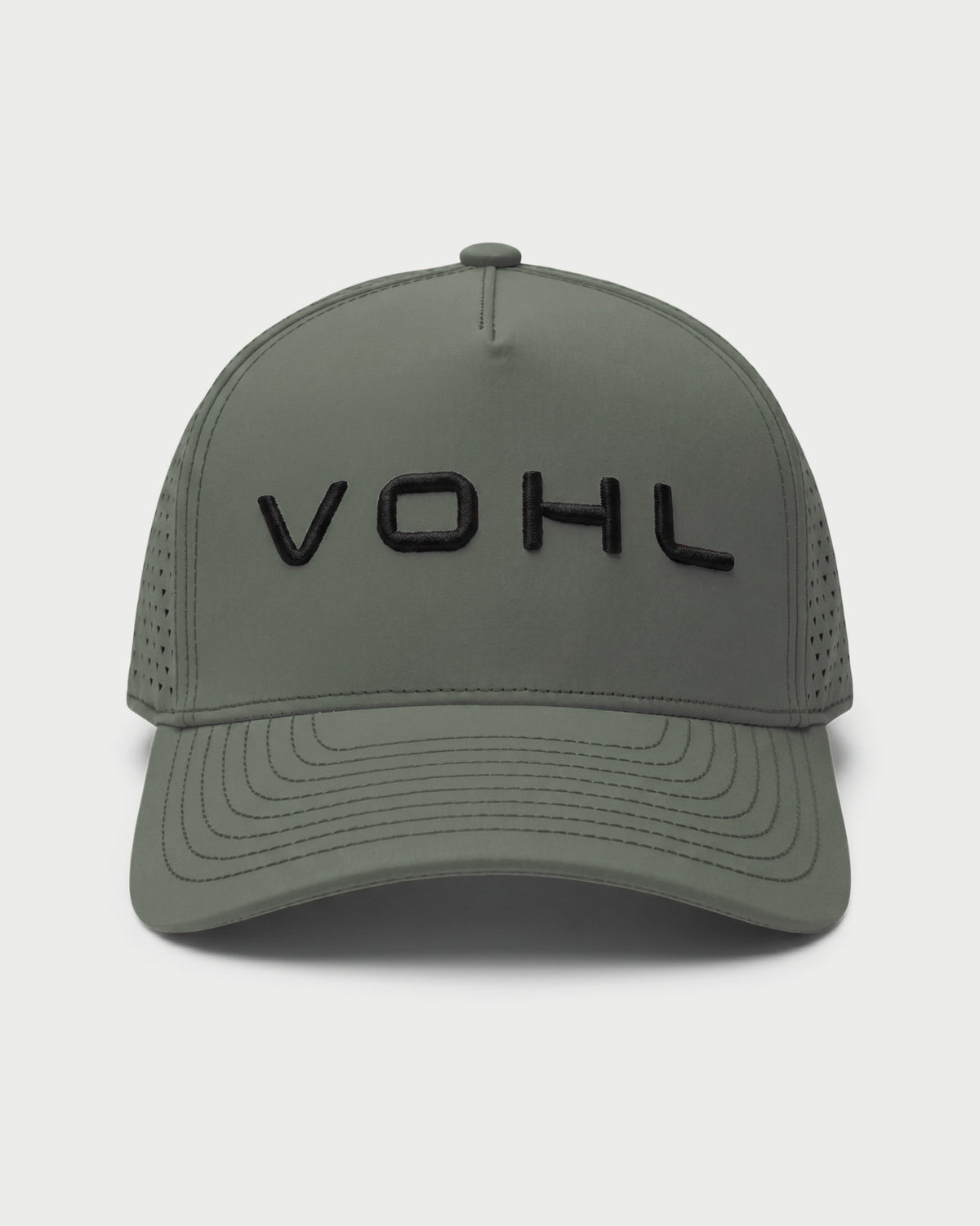 Front view of green Vohl Cap with black embroidered Vohl logo and curved stitched brim - SKU AC-CP-400