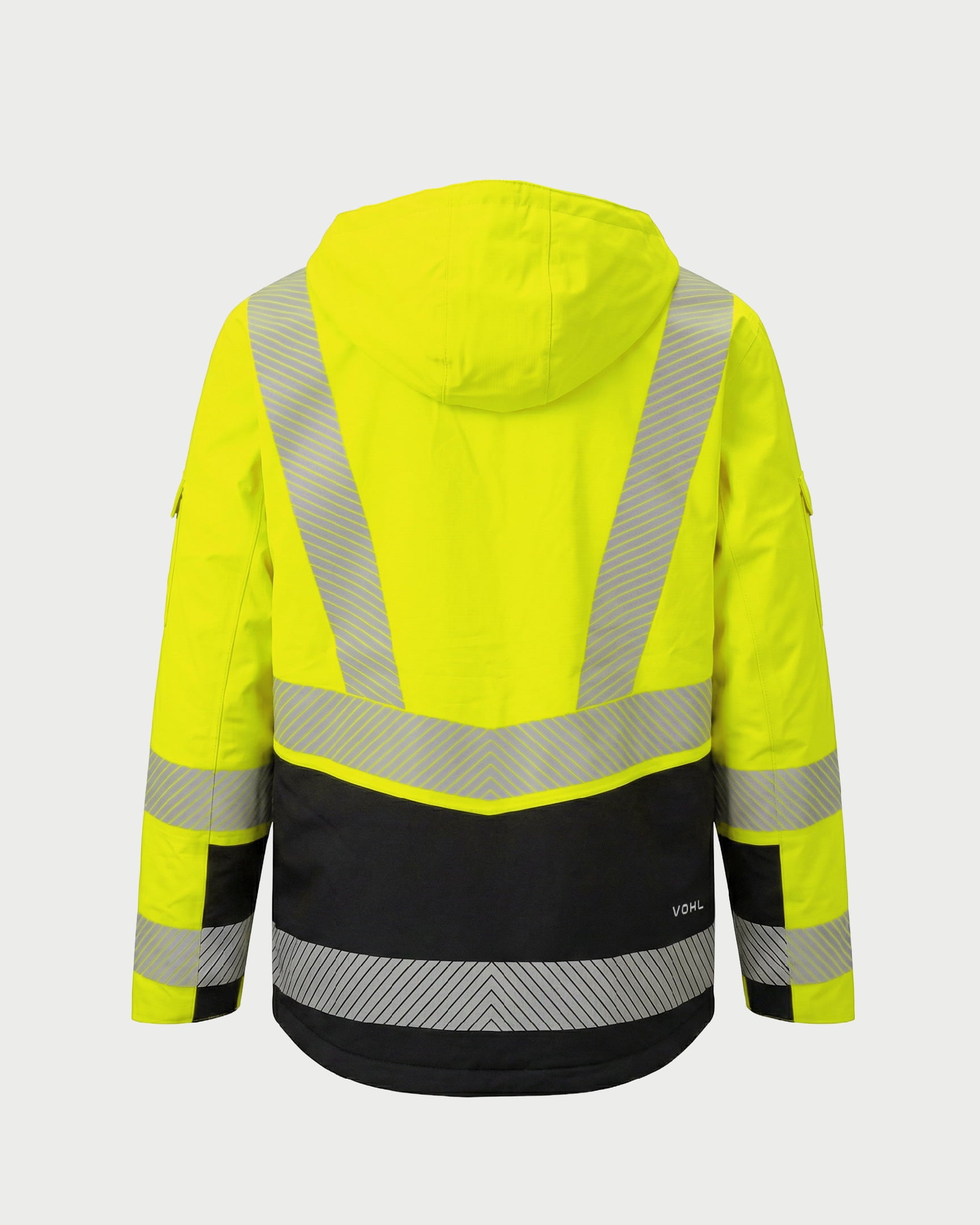 Vohl Hi Vis Waterproof Insulated Jacket - Safety Yellow - SKU HV-IJ-105, angled back view with reflective chevron striping and black lower panel | color:safety-yellow