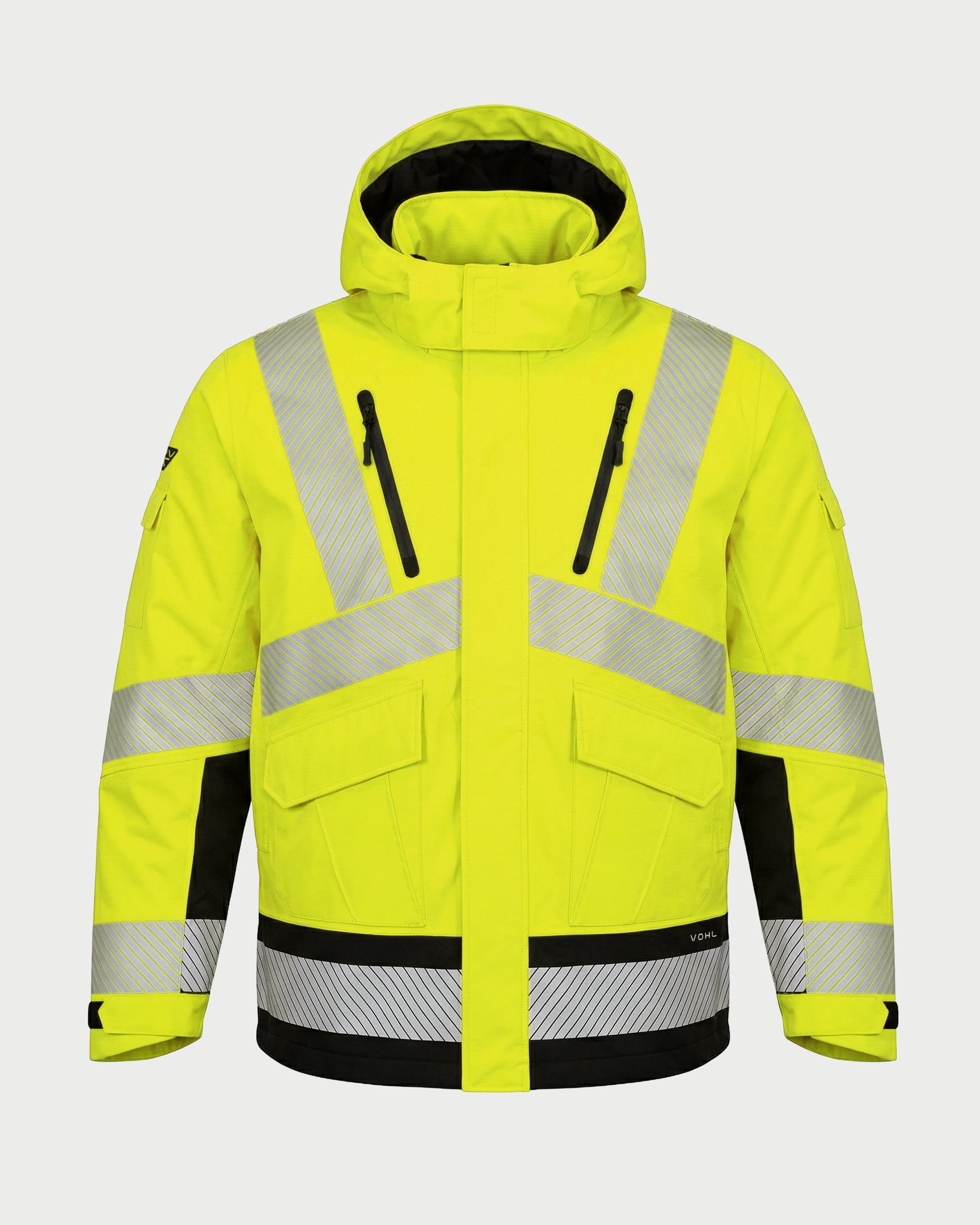 Vohl Hi Vis Waterproof Insulated Jacket - Safety Yellow - SKU HV-IJ-105, front view with insulated hood, storm flap, chest zip pockets and reflective bands | color:safety-yellow