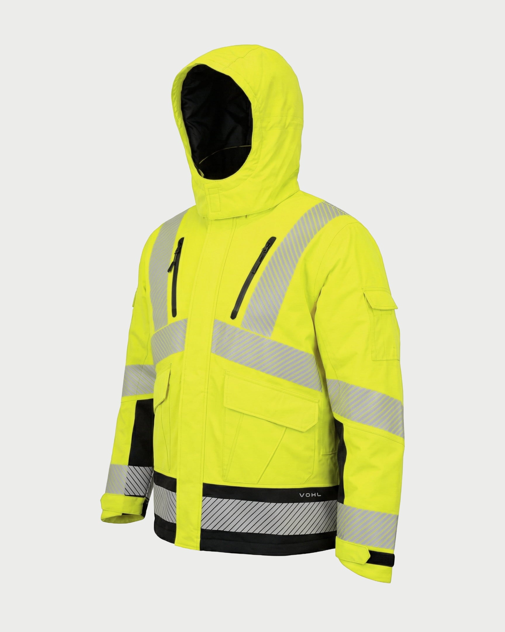 Vohl Hi Vis Waterproof Insulated Jacket - Safety Yellow - SKU HV-IJ-105, angled front view with hood, chest zip pockets and reflective striping | color:safety-yellow