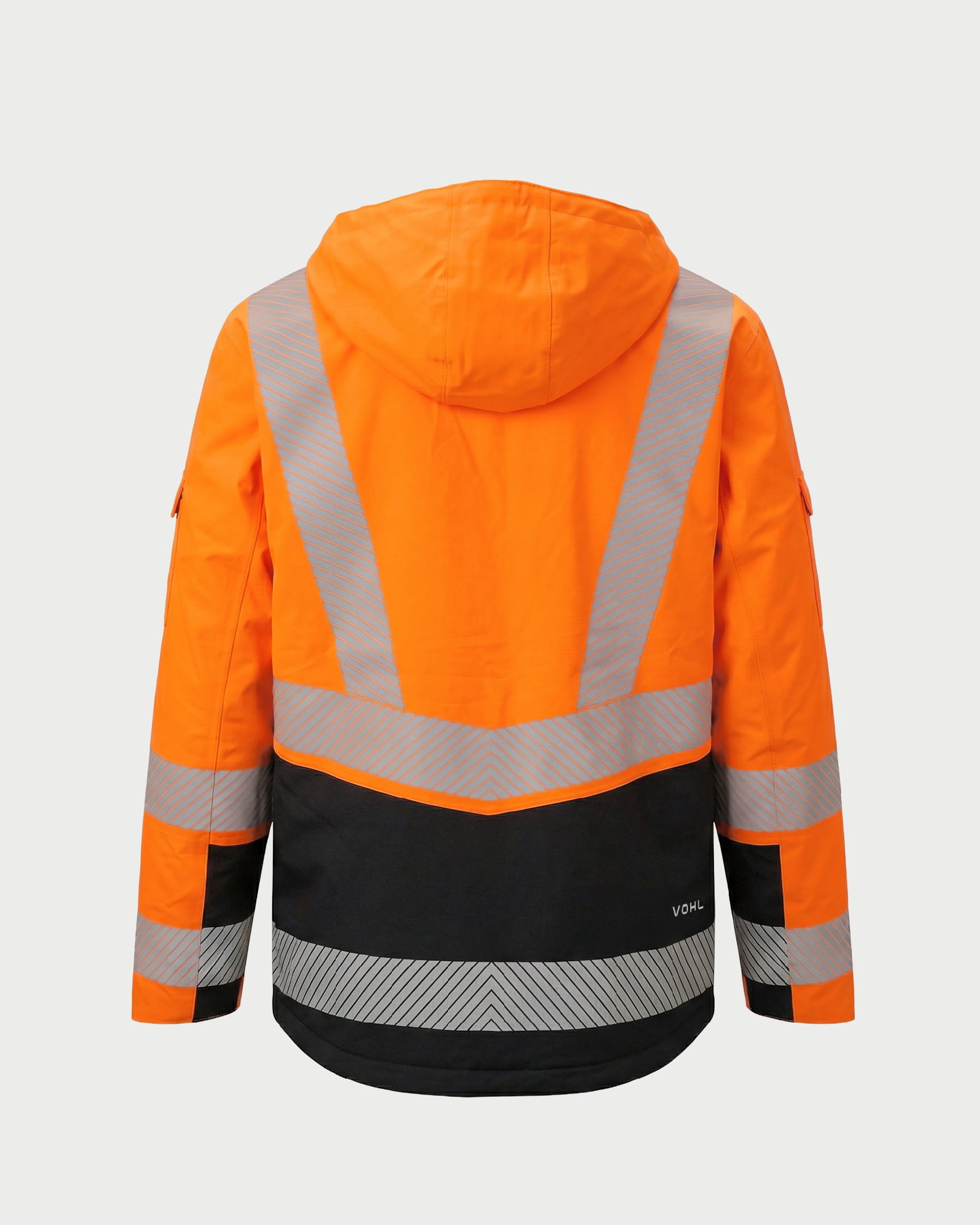 Vohl Hi Vis Waterproof Insulated Jacket - Safety Orange - SKU HV-IJ-205, angled back view with reflective chevron striping and black lower panel | color:safety-orange
