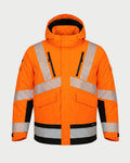 Vohl Hi Vis Waterproof Insulated Jacket - Safety Orange - SKU HV-IJ-205, front view with insulated hood, storm flap, chest zip pockets and reflective bands | color:safety-orange
