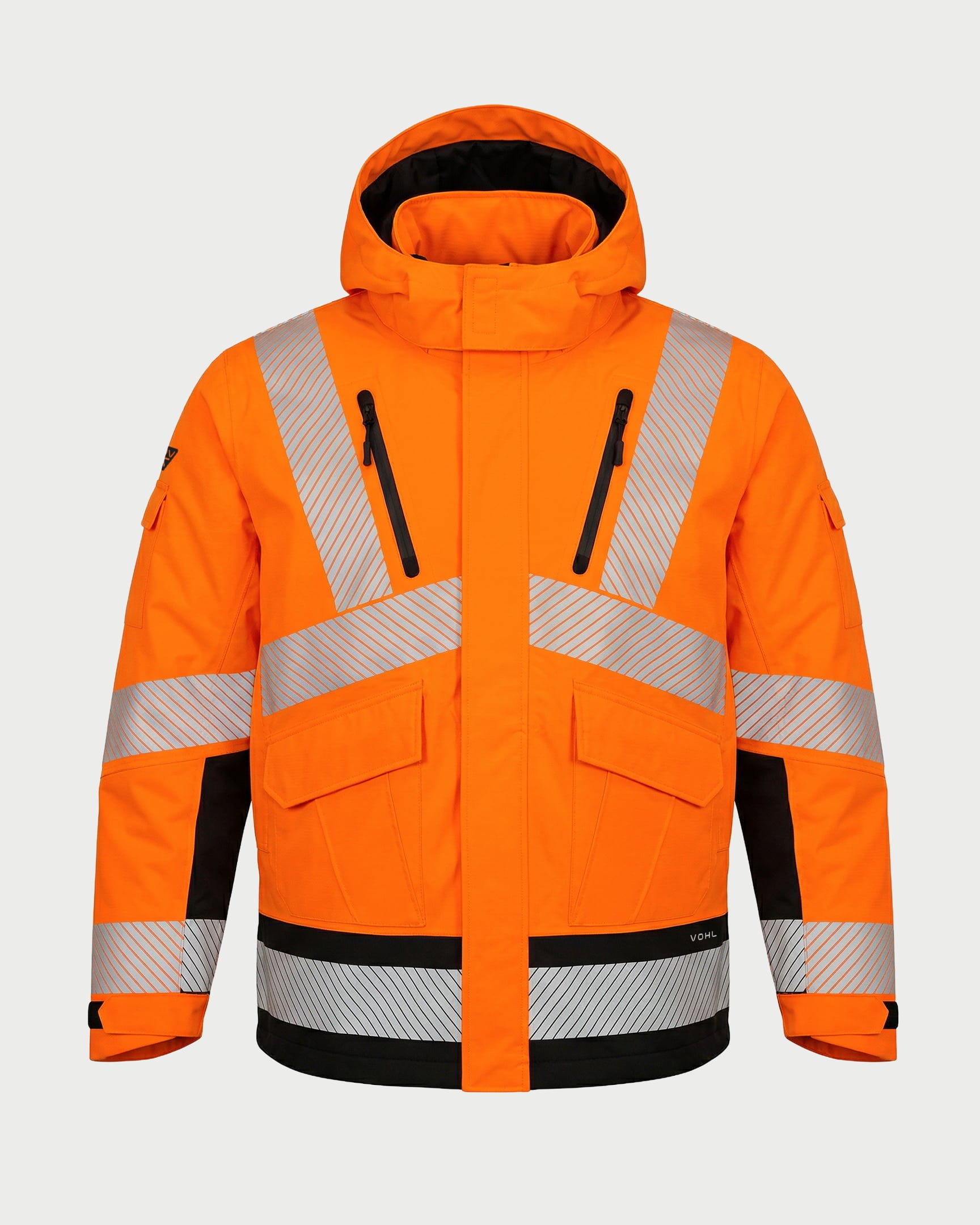 Vohl Hi Vis Waterproof Insulated Jacket - Safety Orange - SKU HV-IJ-205, front view with insulated hood, storm flap, chest zip pockets and reflective bands | color:safety-orange