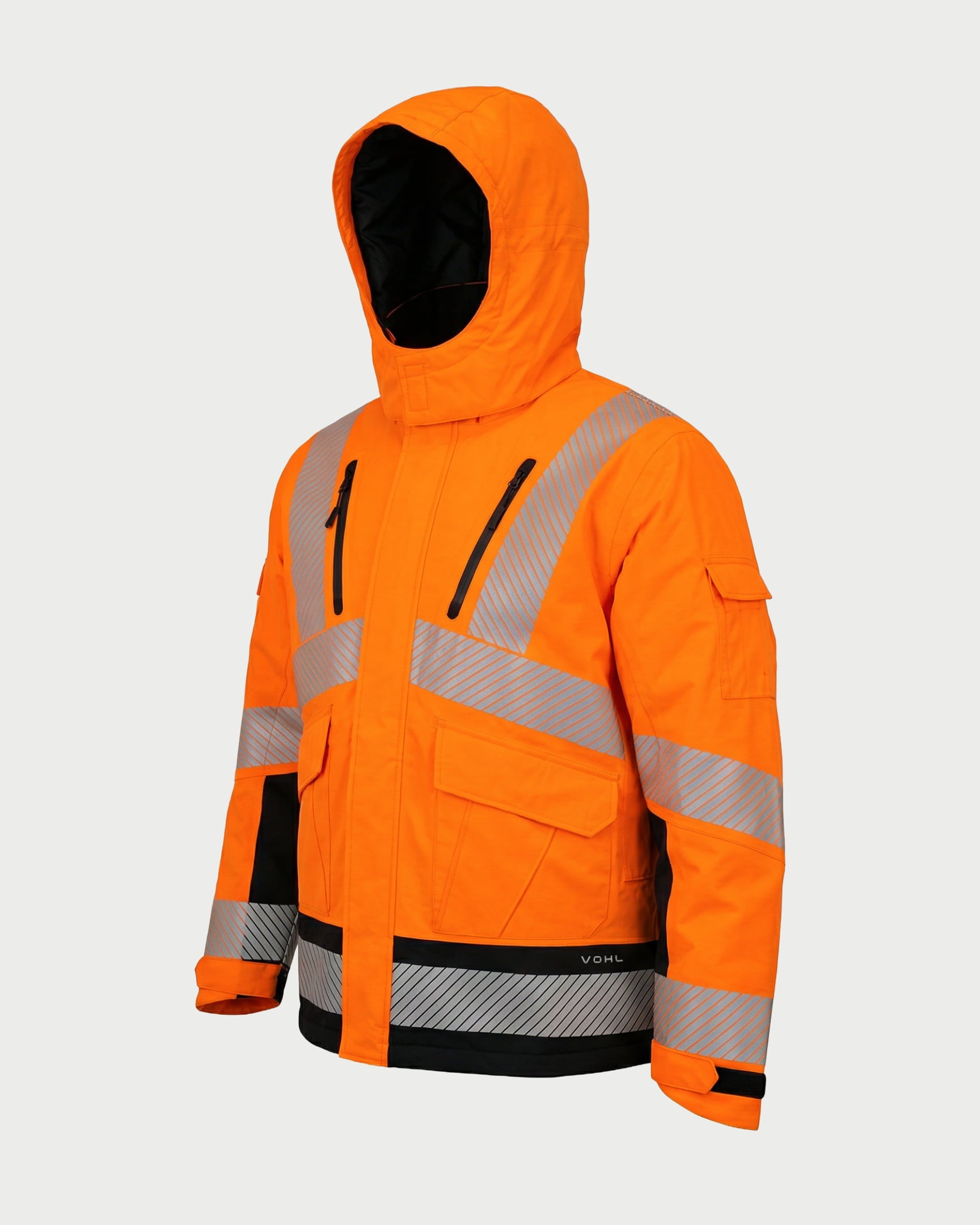 Vohl Hi Vis Waterproof Insulated Jacket - Safety Orange - SKU HV-IJ-205, angled front view with insulated hood, chest zip pockets and reflective striping | color:safety-orange