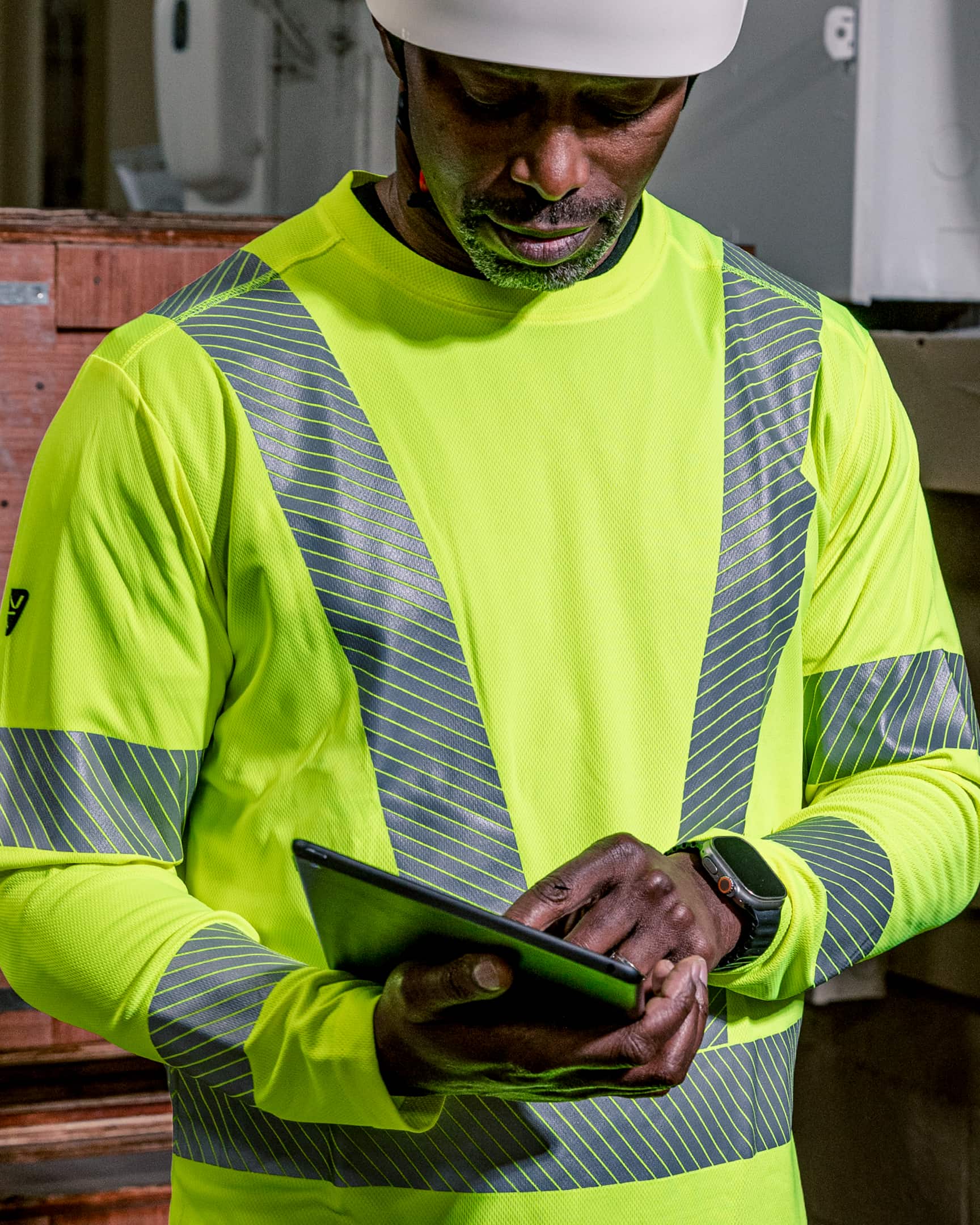 Vohl Hi Vis Long Sleeve Reflective T-Shirt – Safety Yellow – SKU HV-LS-105, Lifestyle crop | color:safety-yellow