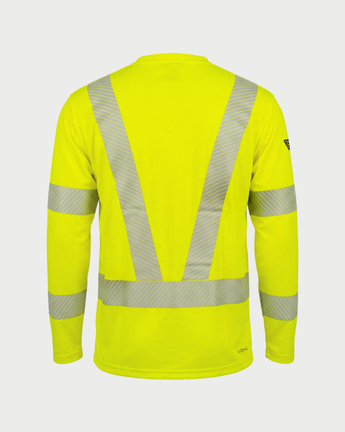 Vohl Hi Vis Long Sleeve Reflective T-Shirt – Safety Yellow – SKU HV-LS-105, back view with reflective V panel and sleeve bands | color:safety-yellow