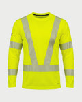Vohl Hi Vis Long Sleeve Reflective T-Shirt – Safety Yellow – SKU HV-LS-105, front view with segmented reflective V detailing | color:safety-yellow