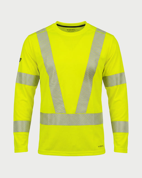 Vohl Hi Vis Long Sleeve Reflective T-Shirt – Safety Yellow – SKU HV-LS-105, front view with segmented reflective V detailing | color:safety-yellow