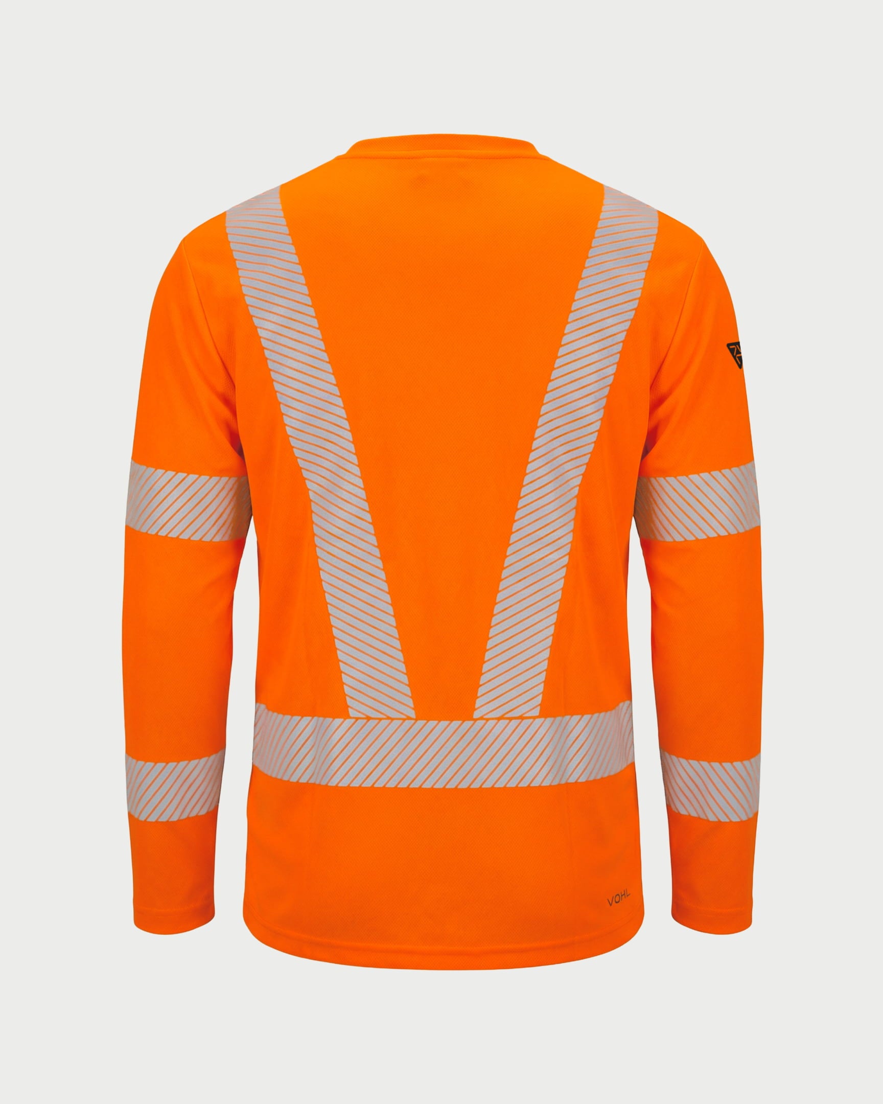 Vohl Hi Vis Long Sleeve Reflective T-Shirt – Safety Orange – SKU HV-LS-205, back view with reflective V panel and sleeve bands | color:safety-orange