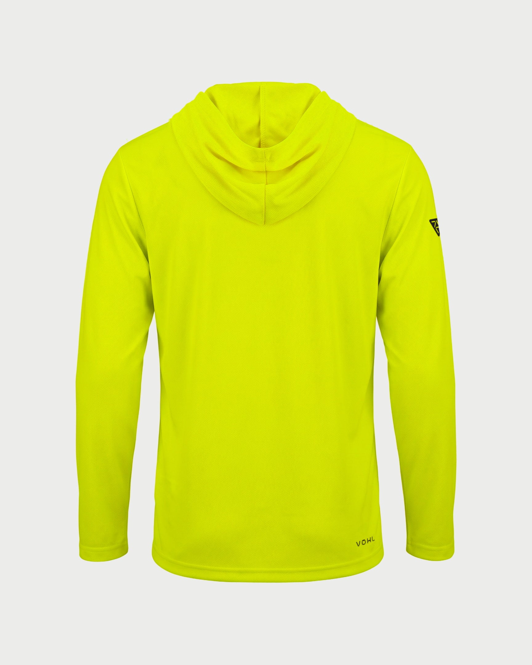 Vohl Hi Vis Long Sun Hoody – Safety Yellow – SKU HV-SH-100, back view with hood and extended sun protection coverage | color:safety-yellow