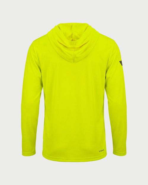 Vohl Hi Vis Long Sun Hoody – Safety Yellow – SKU HV-SH-100, back view with hood and extended sun protection coverage | color:safety-yellow