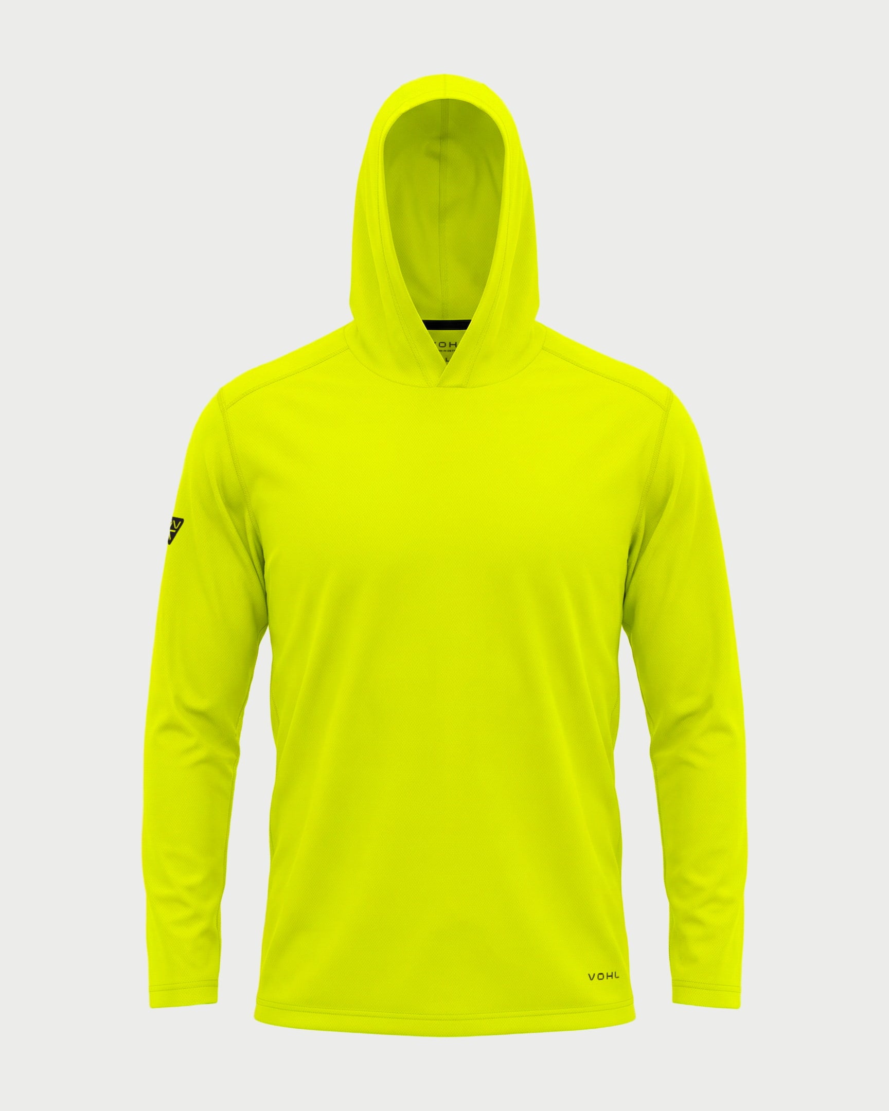 Vohl Hi Vis Long Sun Hoody – Safety Yellow – SKU HV-SH-100, front view with hood up and long sleeve coverage | color:safety-yellow