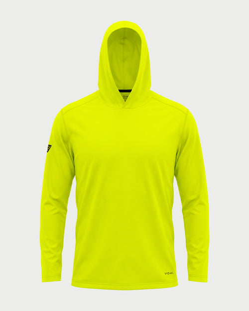 Vohl Hi Vis Long Sun Hoody – Safety Yellow – SKU HV-SH-100, front view with hood up and long sleeve coverage | color:safety-yellow