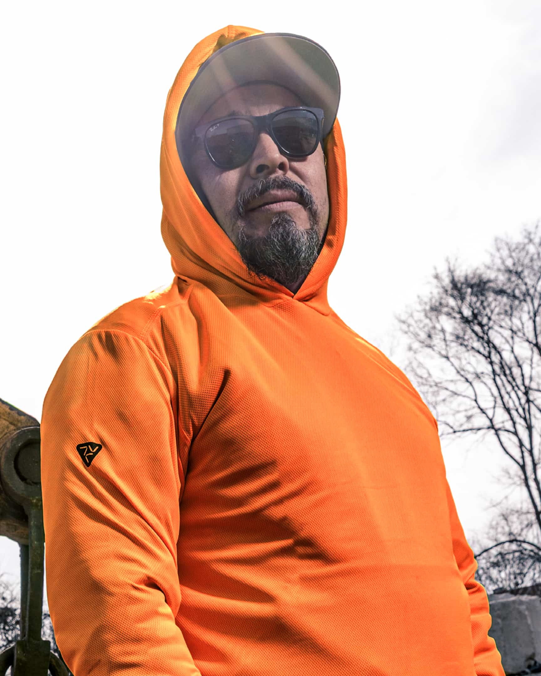 Men’s hi-vis orange long sleeve sun hoody with hood up and sunglasses – SKU HV-SH-200 | color:safety-orange