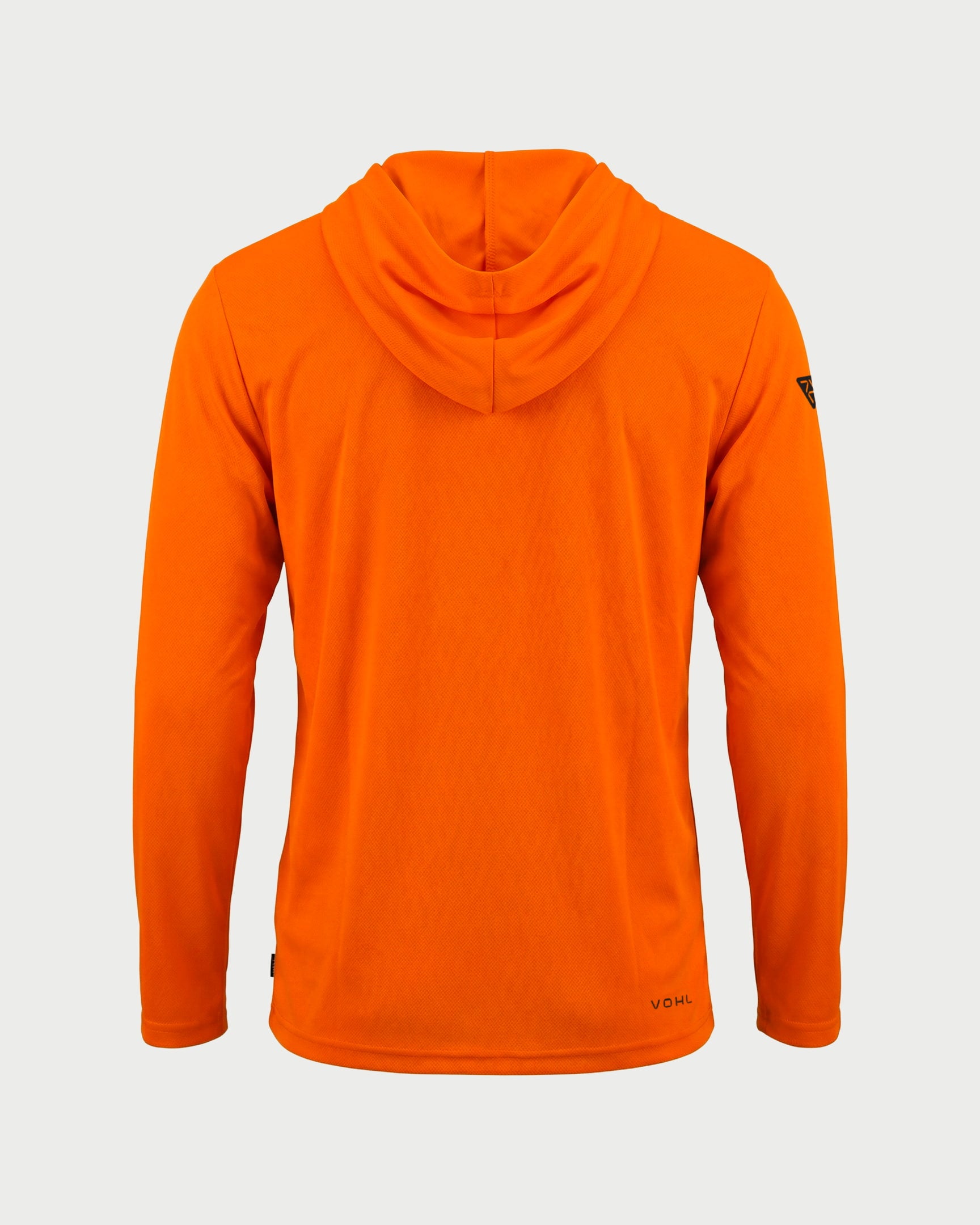 Vohl Hi Vis Long Sun Hoody – Safety Orange – SKU HV-SH-200, back view with hood and extended sun protection coverage | color:safety-orange