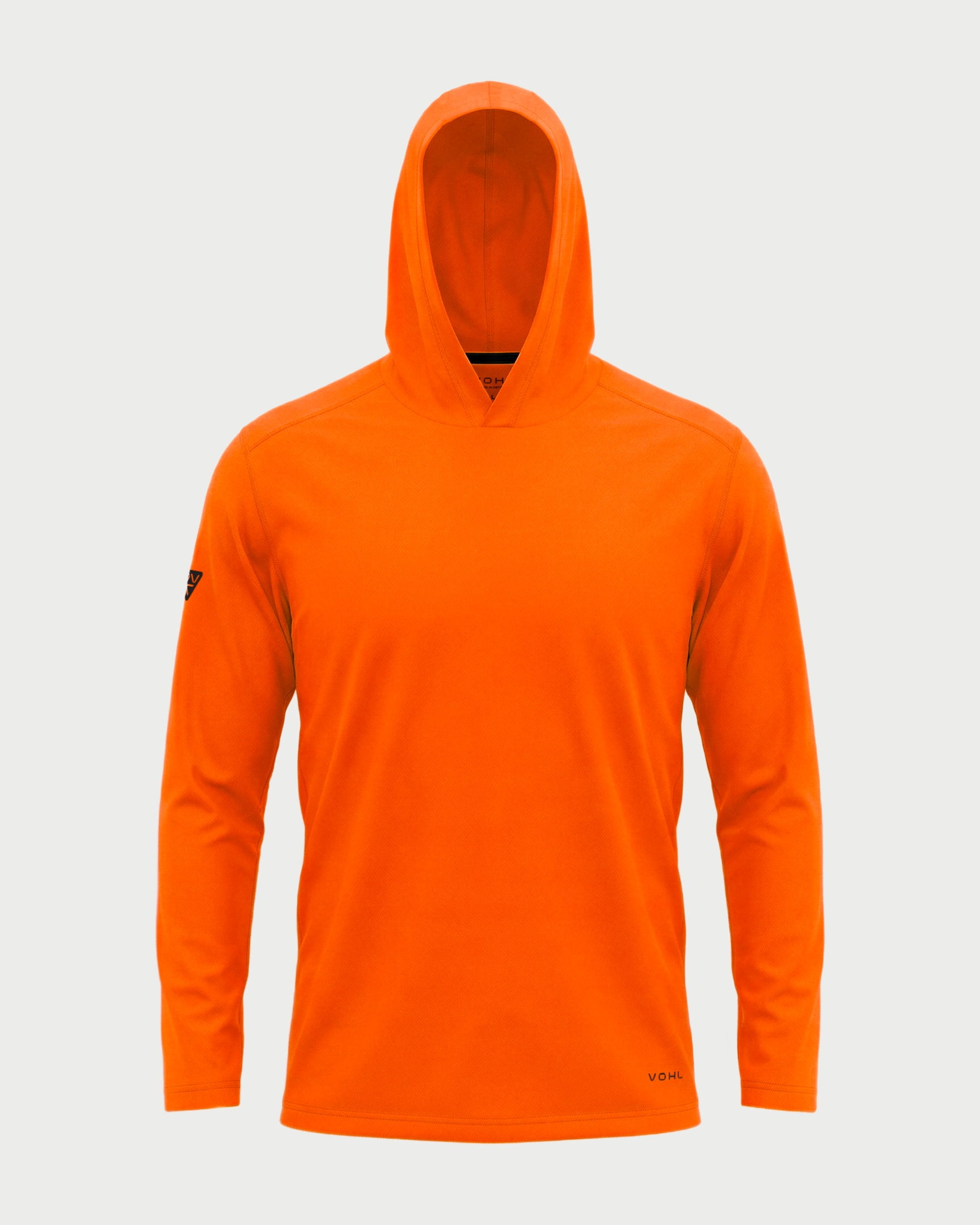 Vohl Hi Vis Long Sun Hoody – Safety Orange – SKU HV-SH-200, front view with hood up and long sleeve coverage | color:safety-orange