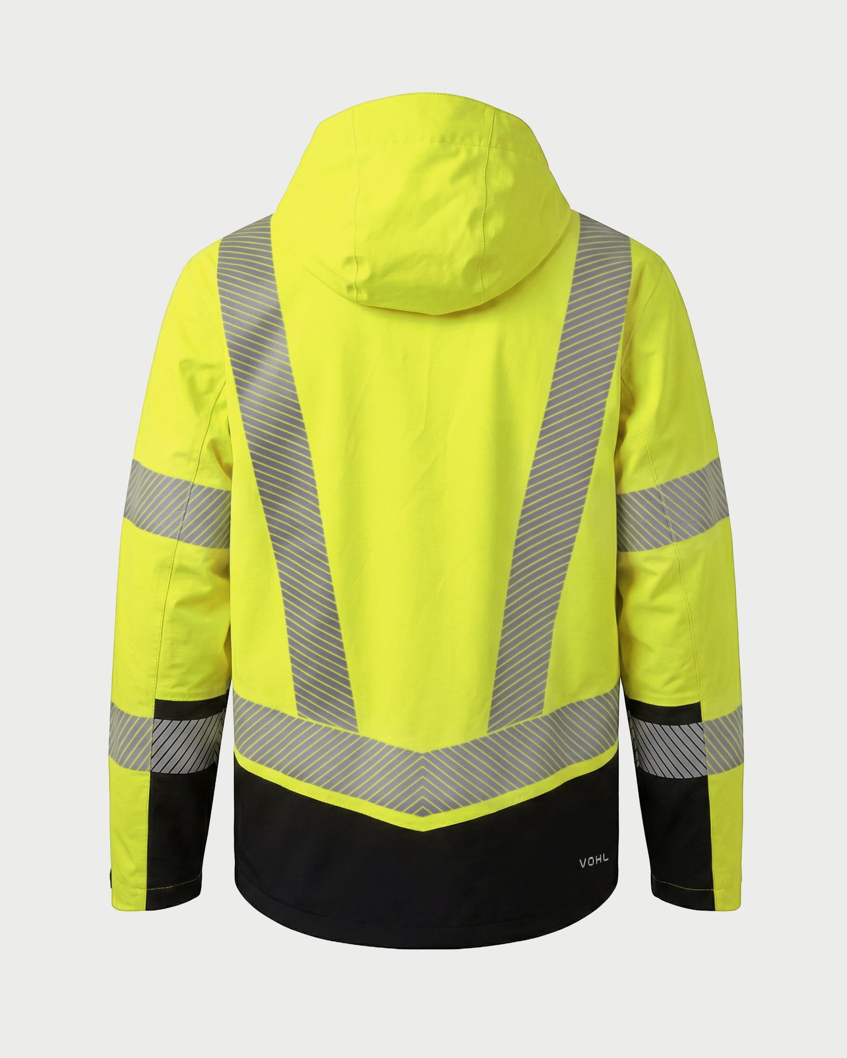 Vohl Hi Vis Waterproof Shell Jacket - Safety Yellow - SKU HV-SJ-105, back angle view with reflective striping and adjustable hood | color:safety-yellow