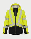 Vohl Hi Vis Waterproof Shell Jacket - Safety Yellow - SKU HV-SJ-105, front view with hood, reflective striping and black contrast lower panel | color:safety-yellow
