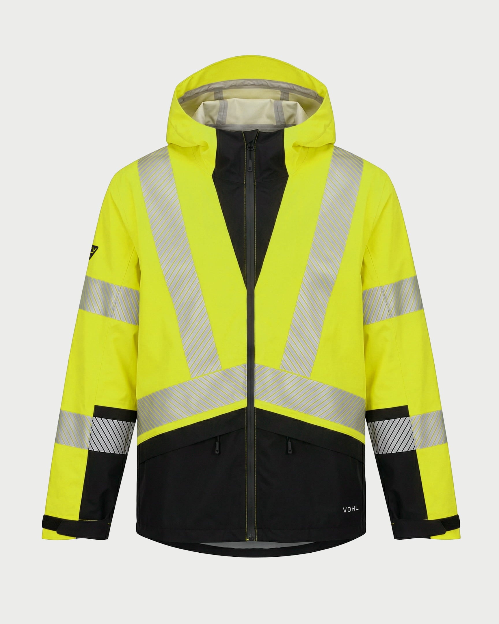 Vohl Hi Vis Waterproof Shell Jacket - Safety Yellow - SKU HV-SJ-105, front view with hood, reflective striping and black contrast lower panel | color:safety-yellow