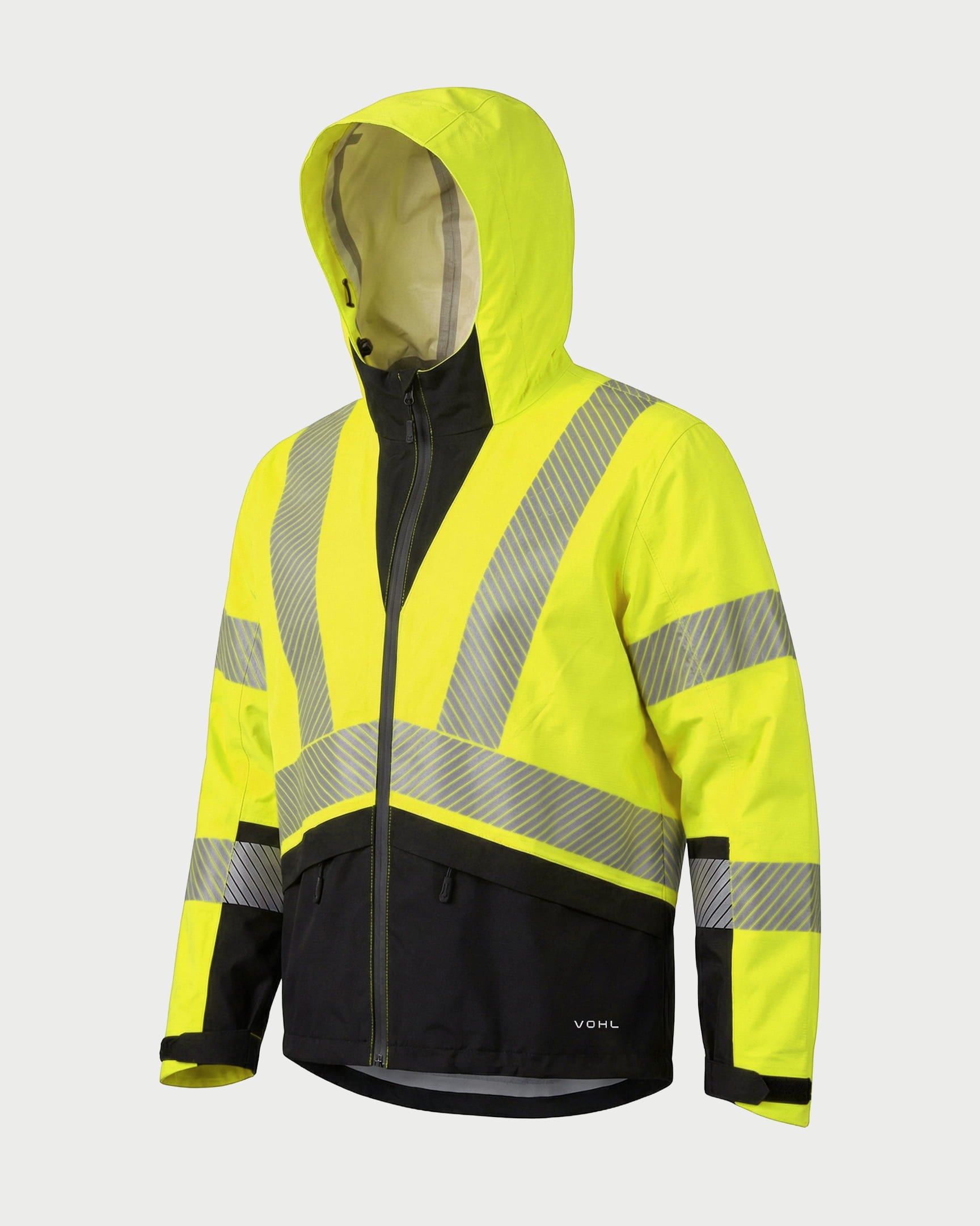 Vohl Hi Vis Waterproof Shell Jacket - Safety Yellow - SKU HV-SJ-105, angled front view with full zip closure and reflective safety panels | color:safety-yellow