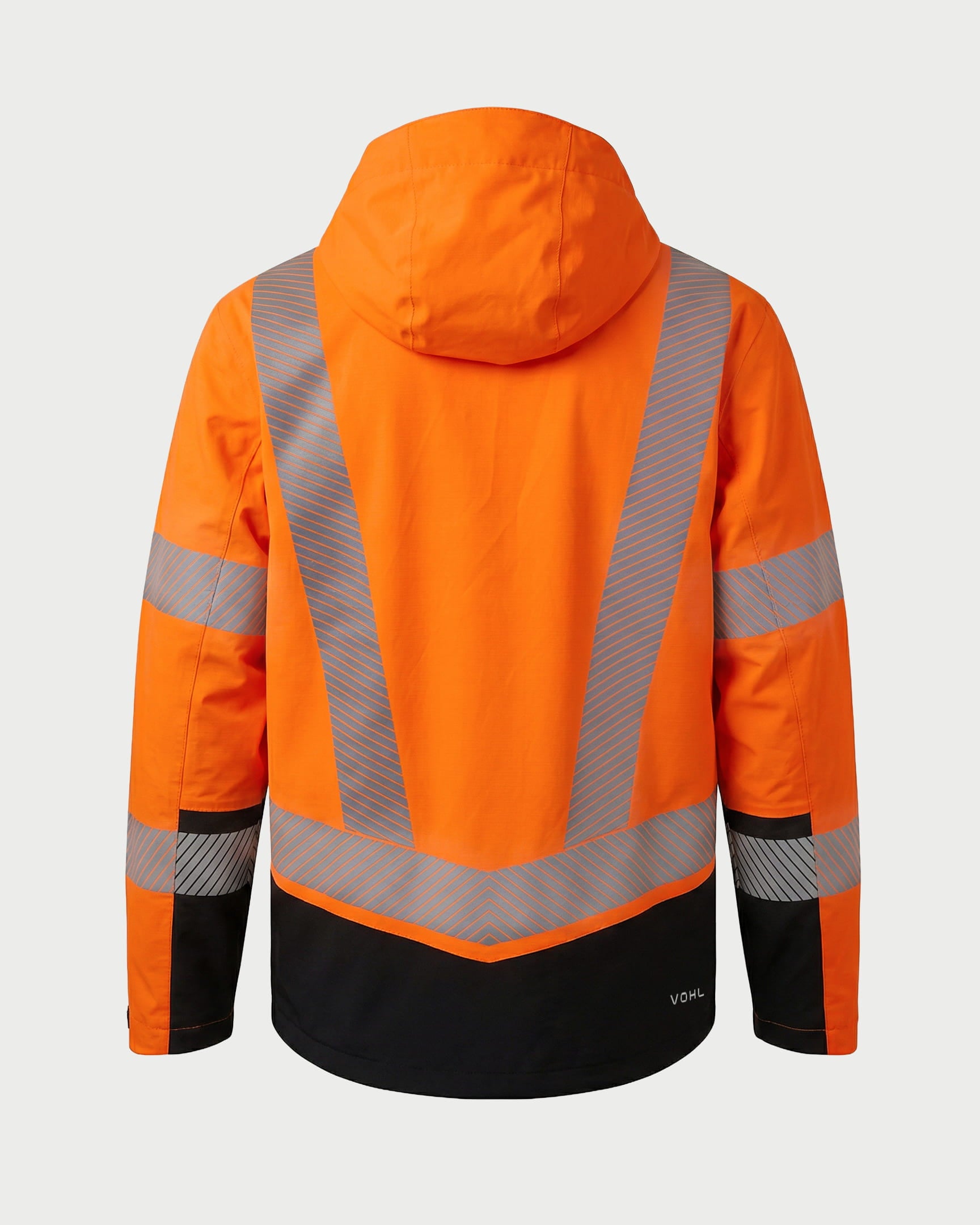 Vohl Hi Vis Waterproof Shell Jacket - Safety Orange - SKU HV-SJ-205, back angle view with reflective striping and adjustable hood | color:safety-orange