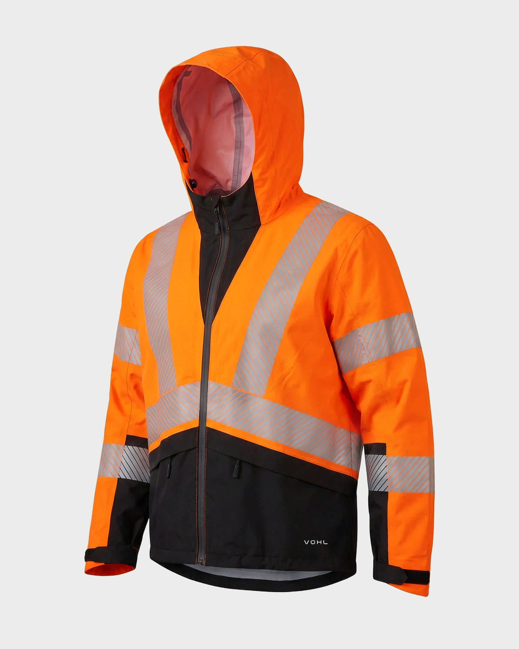 Vohl Hi Vis Waterproof Shell Jacket - Safety Orange - SKU HV-SJ-205, angled front view with full zip closure and reflective safety panels | color:safety-orange