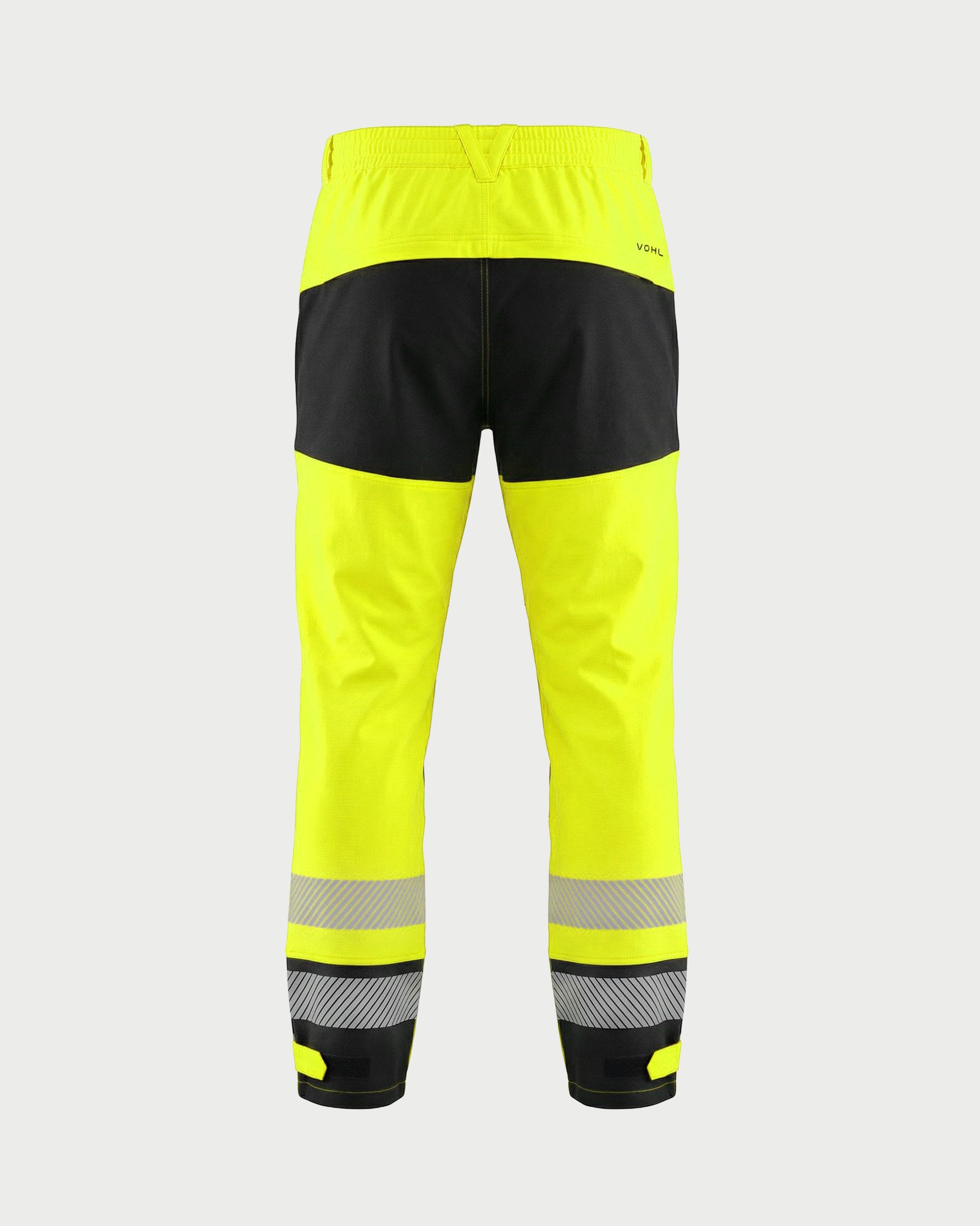 Vohl Hi Vis Waterproof Shell Pant - Safety Yellow - SKU HV-SP-105, back view with reflective calf bands and black seat panel | color: safety-yellow