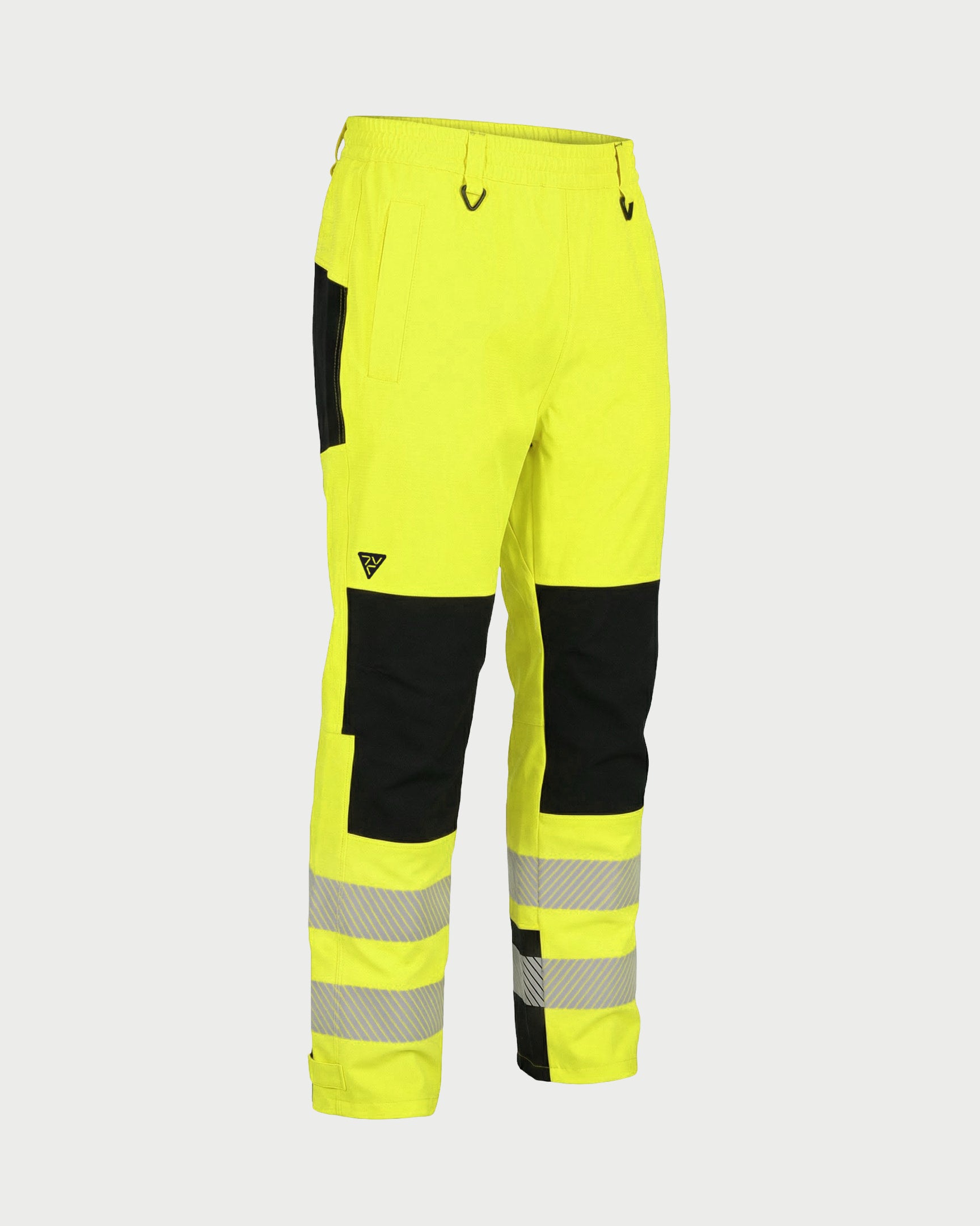 Vohl Hi Vis Waterproof Shell Pant - Safety Yellow - SKU HV-SP-105, angled front view with reinforced knee panels and reflective striping | color: safety-yellow