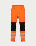 Vohl Hi Vis Waterproof Shell Pant - Safety Orange - SKU HV-SP-205, front view with elastic waistband, reflective leg bands and black knee panels | color: safety-orange